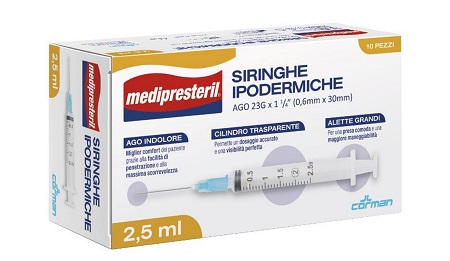 SIRINGA IPODERMICA MEDIPRESTERIL AGO 23 GAUGE 1 1/4 0,6X30MM 2,5 ML 10 PEZZI CORMAN SpA