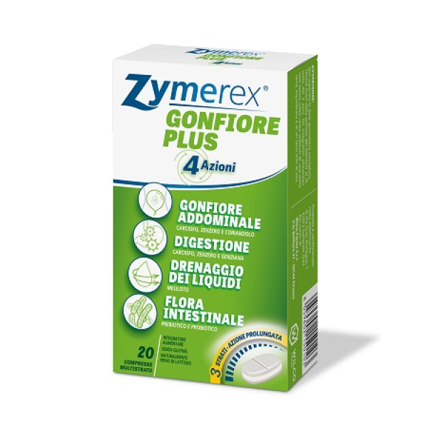 ZYMEREX GONFIORE PLUS 20 COMPRESSE TRIPLO STRATO SENZA GLUTINE SENZA LATTOSIO WILCO FARMA Srl SU