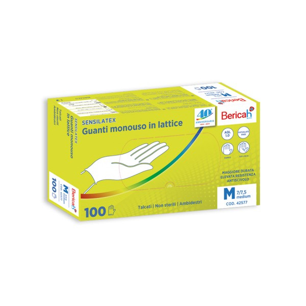 GUANTO MONOUSO SENSILATEX IN LATTICE TALCATO AQL 1,0 TAGLIA M 100 PEZZI BERICAH SpA
