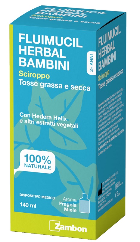 FLUIMUCIL HERBAL BAMBINI SCIROPPO TOSSE GRASSA E SECCA 140 ML AROMA FRAGOLA E MIELE SENZA GLUTINE SENZA LATTOSIO ZAMBON ITALIA Srl