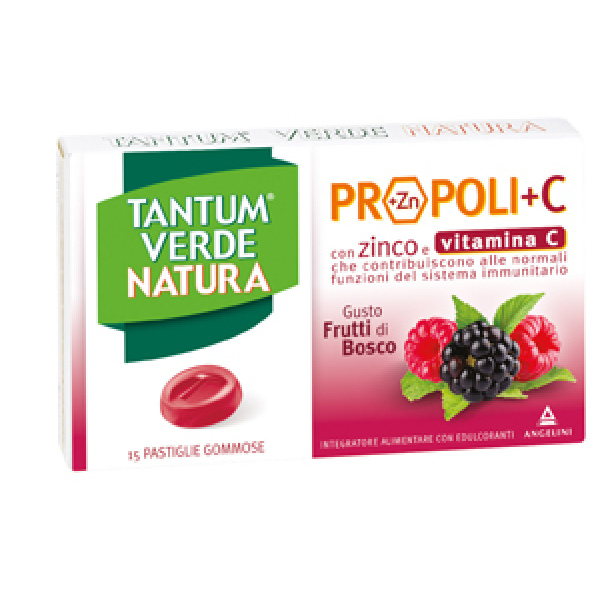 TANTUM VERDE NATURA PROPOLI+C CON ZINCO E VITAMINA C 15 PASTIGLIE GOMMOSE GUSTO FRUTTI DI BOSCO ANGELINI PHARMA ITALIA SpA